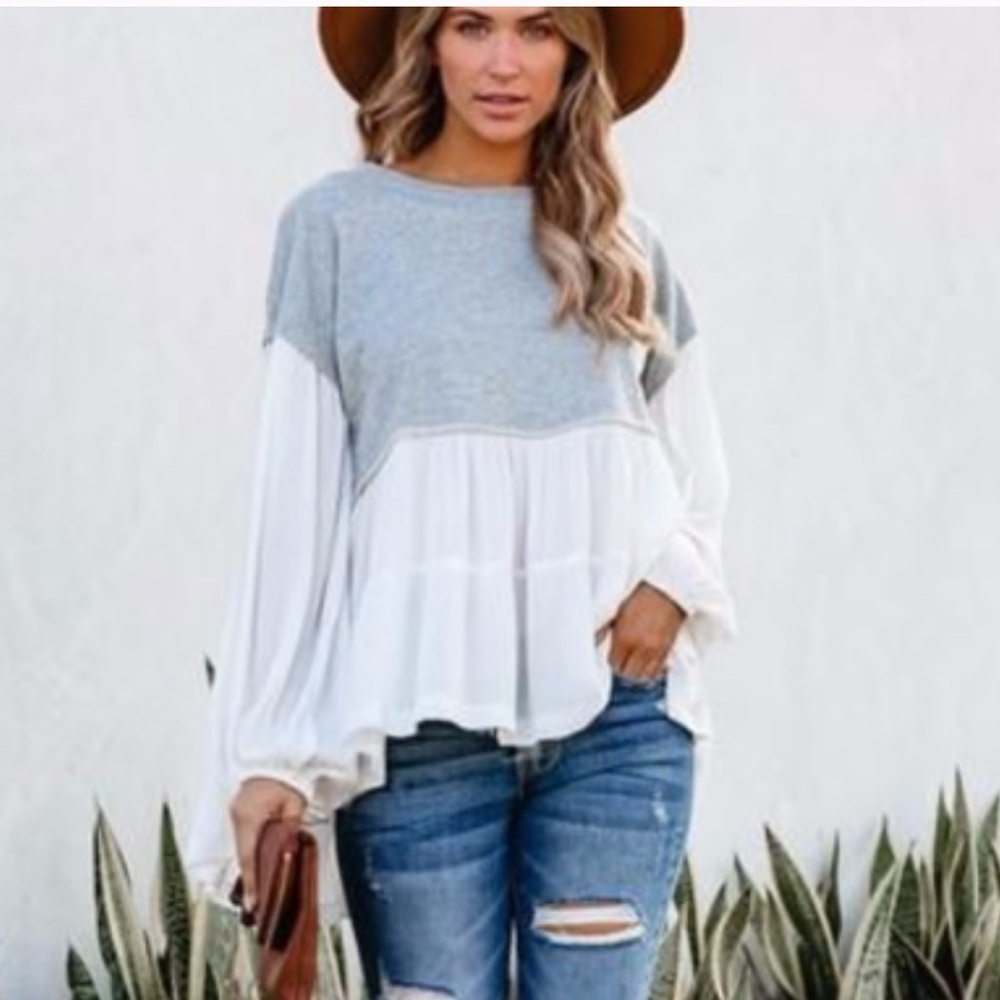 Fate Tiered French Terry and Gauze Boho Layered Tiered Top White and Grey Medium
